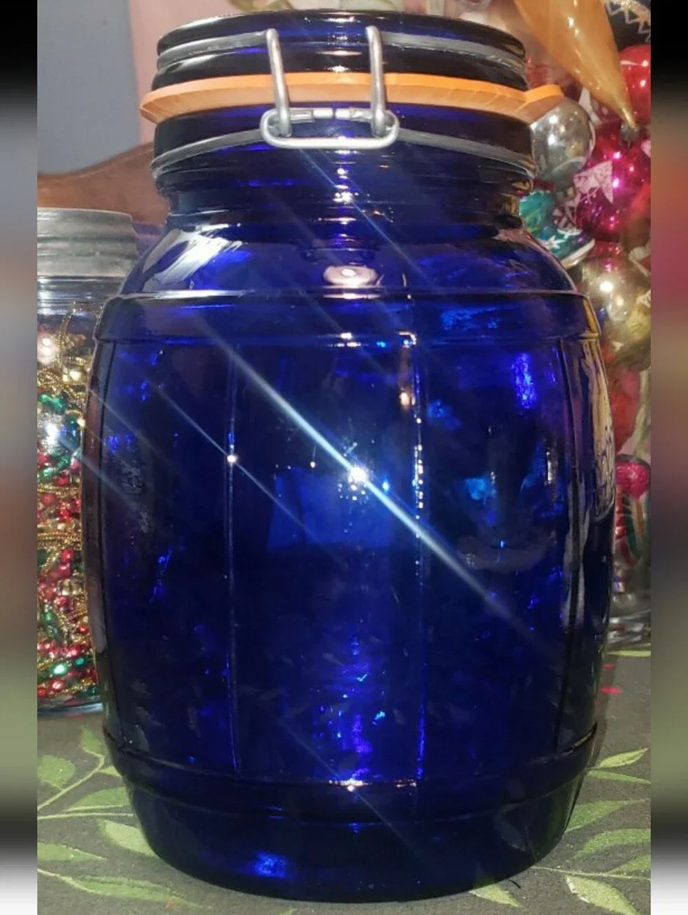Vintage Barrel Shaped Cobalt Blue Wire Bail Top Glass Jar